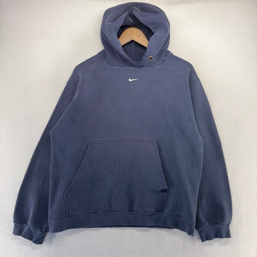 Vintage Nike Hoodie Mens Large Blue Navy Center Swoosh Distressed Cotton Faded